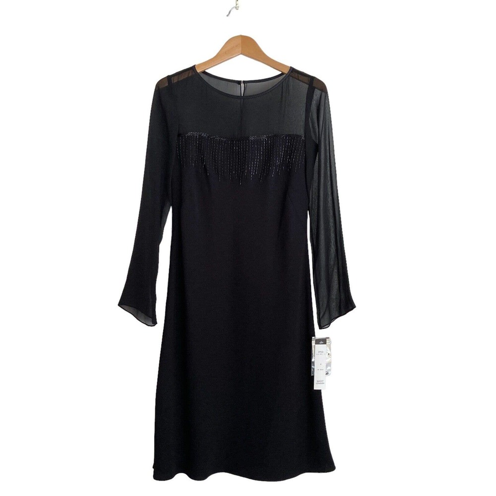 Maggy London Womens 4 Black Dress Cocktail Sequin Sheer Illusion Long Sleeve LBD
